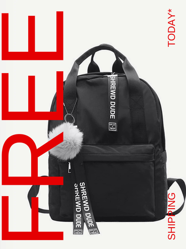 Slogan Ribbon & Pom Pom Decor Backpack