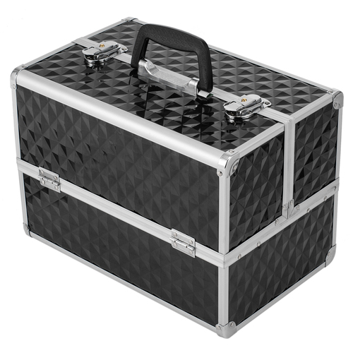 13.5" Makeup Train Case Professional Cosmetic Box with Adjustable Dividers 4 Trays and 2 Locks Black